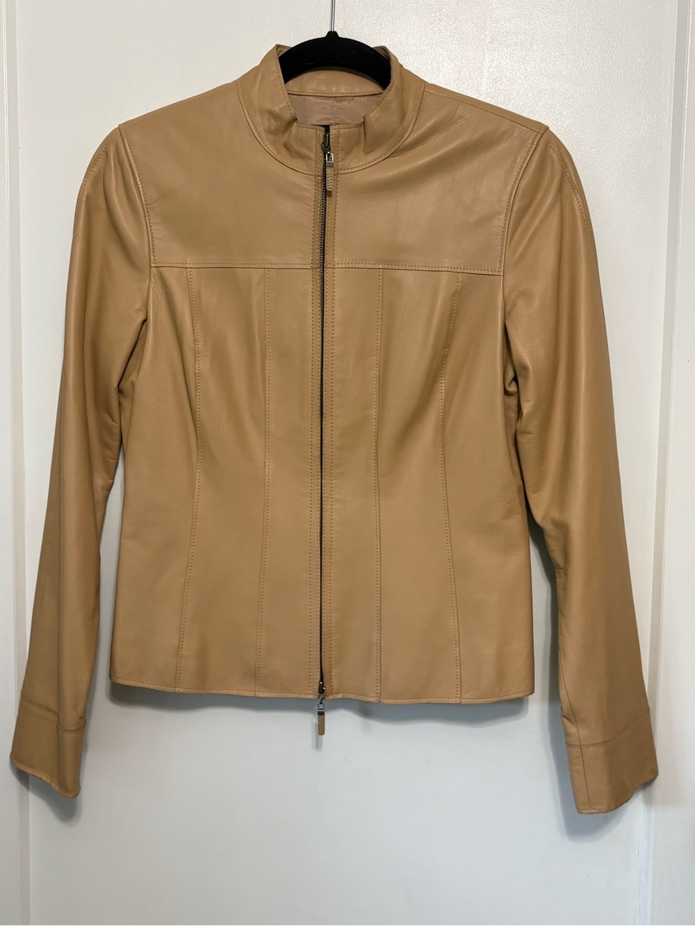 Doncaster Collection Tan Leather Jacket Beige Stand Collar Blazer Minimalist 2